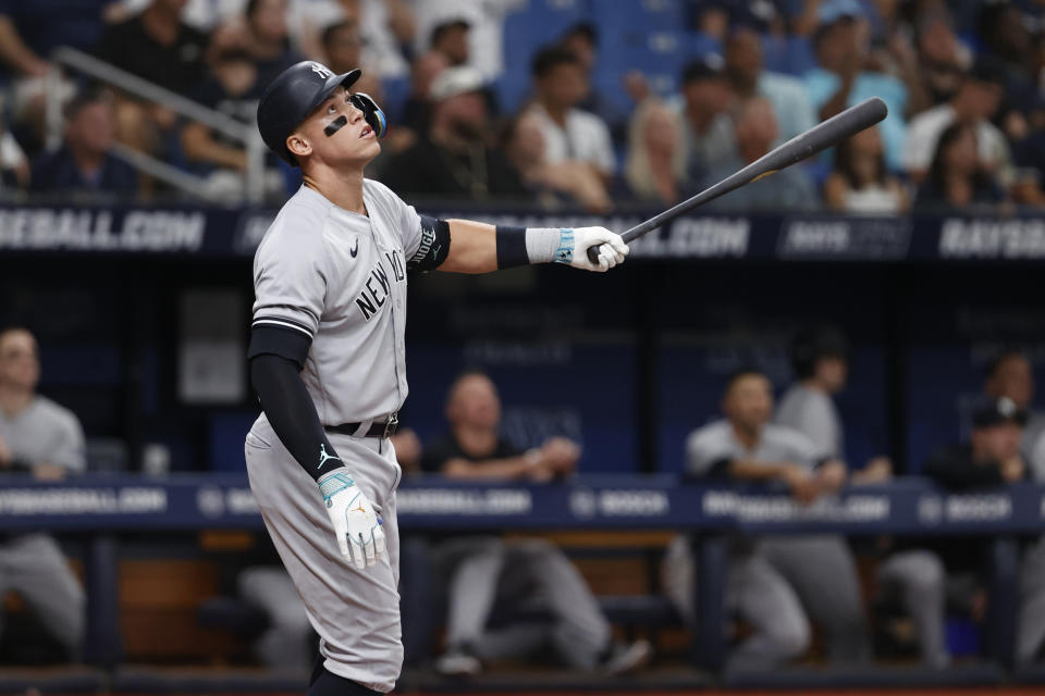 New York Yankees' Aaron Judge watches the ball while fouling out to right field against the Tampa Bay Rays during the sixth inning of a baseball game Saturday, Aug. 26, 2023 in St. Petersburg, Fla. (AP Photo/Scott Audette)