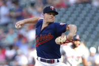 Minnesota Twins starting pitcher Sonny Gray throws to a Cleveland Guardians batter during the first inning of a baseball game Wednesday, June 22, 2022, in Minneapolis. (AP Photo/Andy Clayton-King)