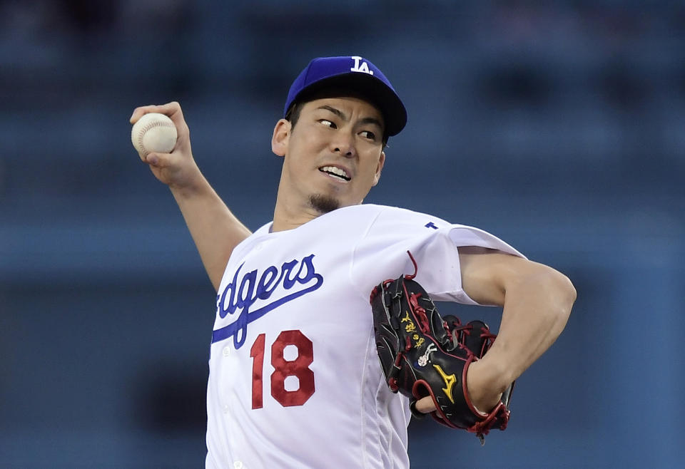 Los Angeles Dodgers starting pitcher Kenta Maeda, of Japan, throws during the first inning of the team's baseball game against the San Diego Padres on Wednesday, May 15, 2019, in Los Angeles. (AP Photo/Mark J. Terrill)