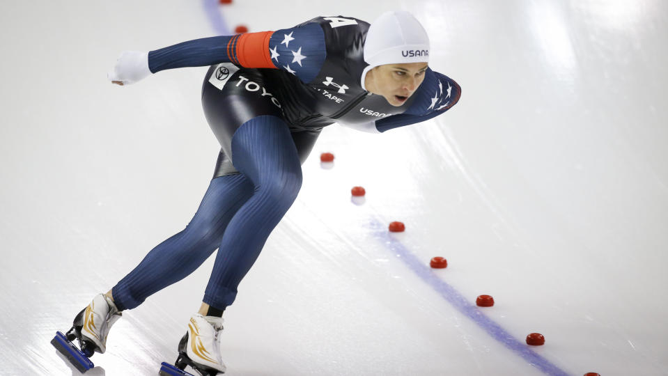 Brittany Bowe, of the United States, skates to victory in the women's 1500-meter competition at the ISU World Cup speedskating event in Calgary, Alberta, Sunday, Dec. 12, 2021. (Jeff McIntosh/The Canadian Press via AP)