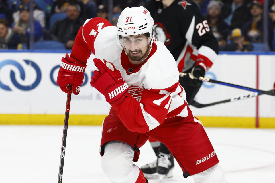 Detroit Red Wings center Dylan Larkin (71) chases the puck during the second period of the team's NHL hockey game against the Buffalo Sabres, Thursday, Dec. 29, 2022, in Buffalo, N.Y. (AP Photo/Jeffrey T. Barnes)