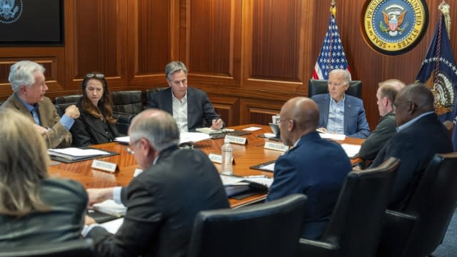 President Joe Biden, along with members of his national security team, in the Situation Room of the White House. 