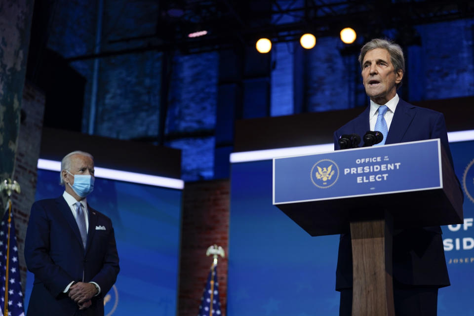 President-elect Joe Biden's climate envoy nominee former Secretary of State John Kerry speaks at The Queen theater, Tuesday, Nov. 24, 2020, in Wilmington, Del. (AP Photo/Carolyn Kaster)