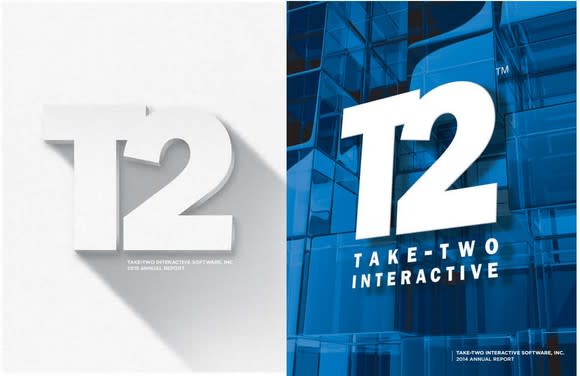 Covers of Take-Two annual reports, one in white, the other in blue.