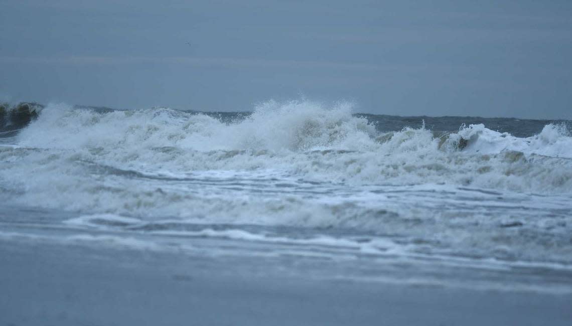 As tropical storm Ian advances up the coast, storm surge is creating breaking waves on Hilton Head Island on Wednesday Sept. 29, 2022.