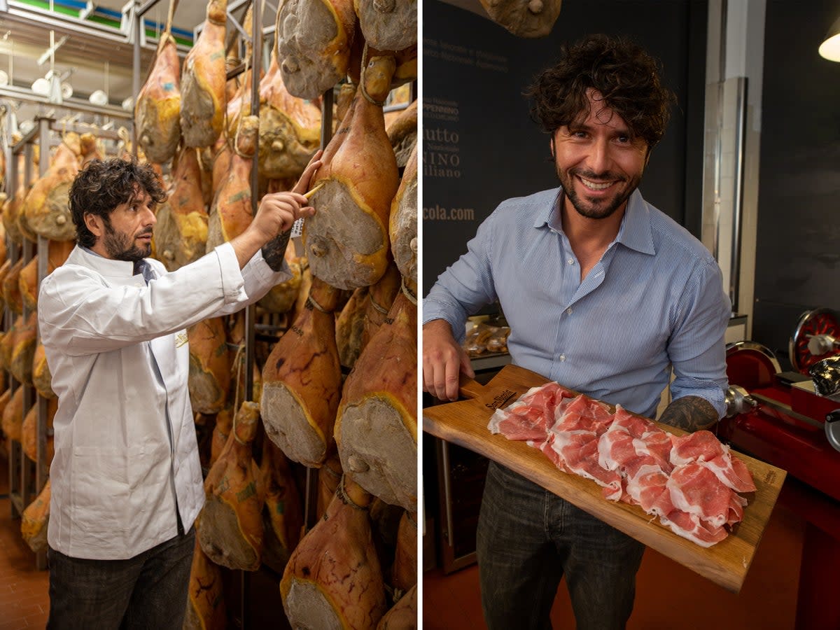 Mattia Zambroni uses a horse bone needle to test Prosciutto hams (Big Mamma)