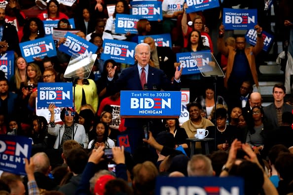 Democratic presidential candidate former Vice President Joe Biden gestures as he speaks during a campaign rally at Renaissance High School in Detroit, Michigan.