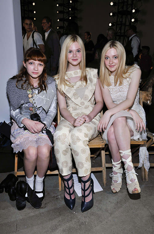 American fashion blogger Tavi Gevinson sits front row at the Rodarte Fashion Week show with Dakota and Elle Fanning. <br><br>© Rex