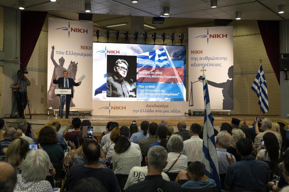 Dimitris Natsios, leader of Niki party, addresses supporters during an election rally, in Athens, Greece, Thursday, June 22, 2023. Three far-right and two far-left, could conceivably cross the 3% parliamentary entry threshold in Sunday's elections, despite a swing back to mainstream politicians as the scars of Greece's 10-year financial crisis gradually heal. (AP Photo/Yorgos Karahalis)