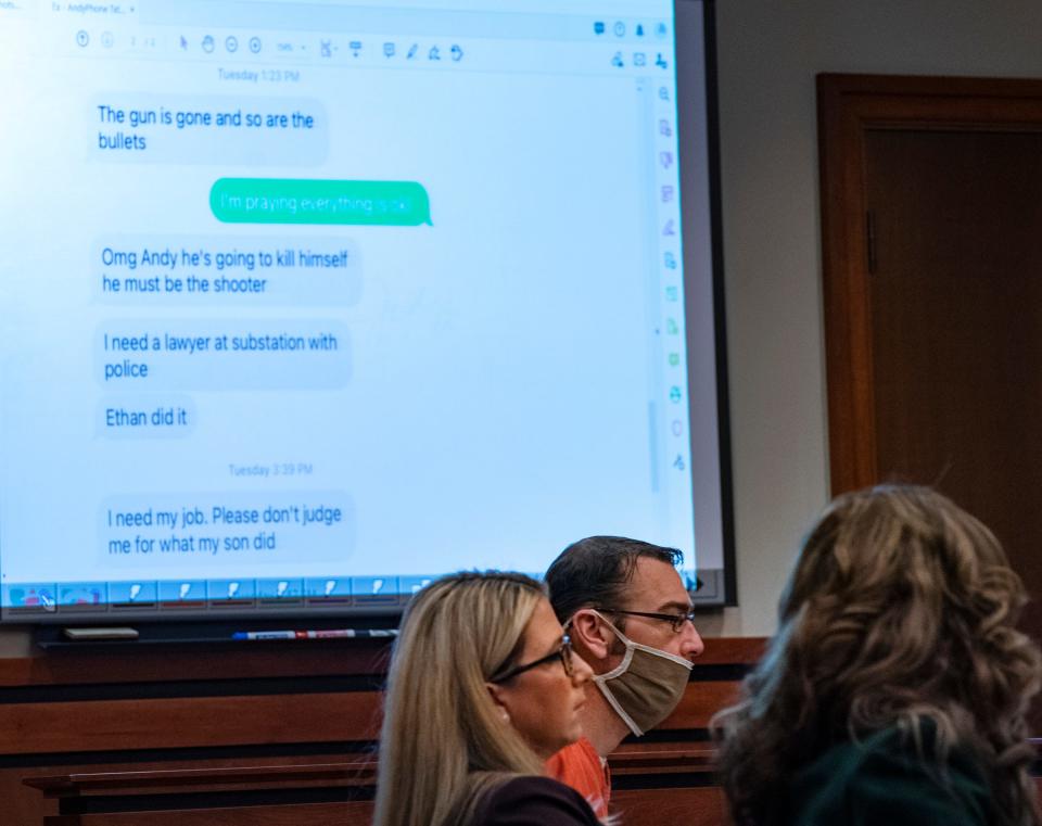 James Crumbley, the parent of Ethan Crumbley who is accused of the deadly school shooting at Oxford High School in late November, sits in the courtroom of Judge Julie Nicholson of 52/3 Circuit Court in Rochester Hills on Feb. 8, 2022, as text messages are being used as evidence of a conversation his wife was having with colleague Andrew Smith the day of the shooting.