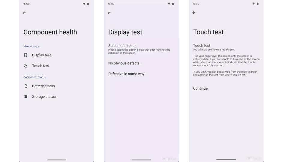 Screenshots of the Device Diagnostics menu in Android 15 beta 3