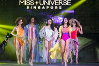 (L-R) Top 10 finalists of the 2019 Miss Universe Singapore Annika Xue Sager, Laranya Kumar, Lia Tan, Cheryl Yao and Bernadette Wu-Ong competing in the swimwear segment.