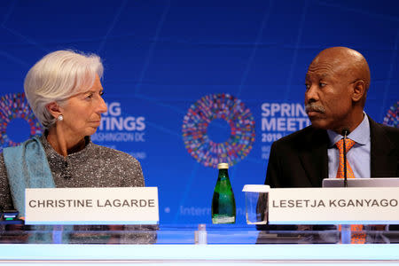 IMF Managing Director Christine Lagarde and IMFC Chair and South African Reserve Bank Governor Lesetja Kganyago hold a news conference at the IMF and World Bank's 2019 Annual Spring Meetings, in Washington, U.S. April 13, 2019. REUTERS/James Lawler Duggan
