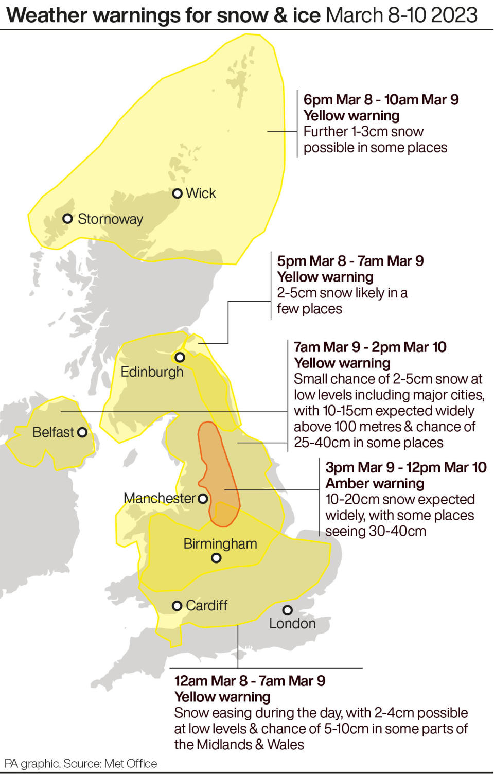 Weather warnings for snow & ice March 8-10 2023. (PA)