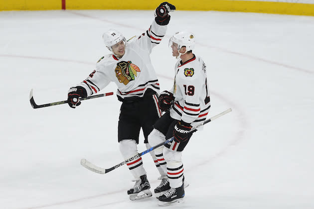 Minnesota Wild’s against Chicago Blackhawks’ in the third period of an NHL hockey game Wednesday, Feb. 8, 2017, in St. Paul, Minn. The Blackhawks won 4-3 in overtime. (AP Photo/Stacy Bengs)