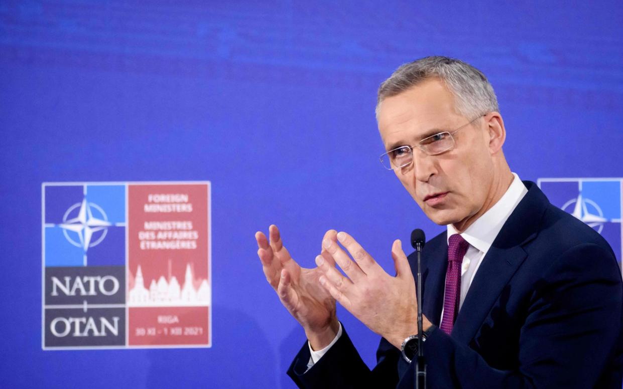 Nato Secretary General Jens Stoltenberg addresses a press conference at the NATO Foreign Ministers meeting in Riga, Latvia - AFP