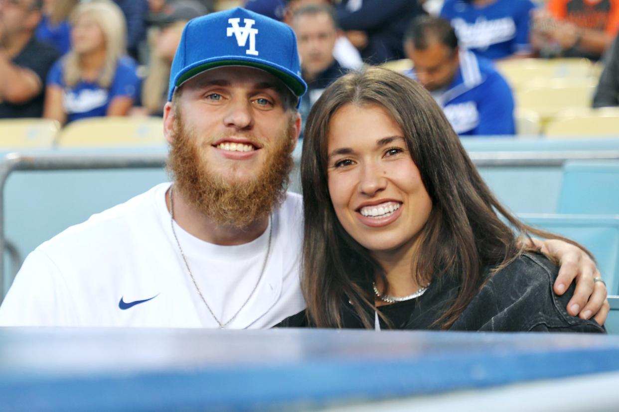 LOS ANGELES, CALIFORNIA - MAY 03: NFL Player Cooper Kupp and Anna Croskrey attend the game between the Los Angeles Dodgers and the San Francisco Giants at Dodger Stadium on May 03, 2022 in Los Angeles, California. (Photo by Jerritt Clark/GC Images)