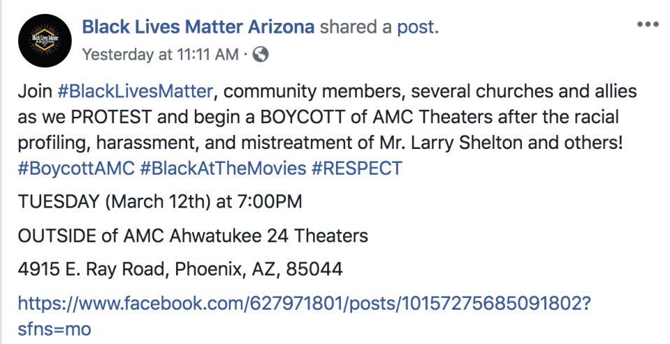 Black Lives Matter Arizona is picketing an AMC Theater in Phoenix for unfairly accusing a man of sneaking into the movies. (Screenshot: Black Lives Matter Arizona/Facebook)