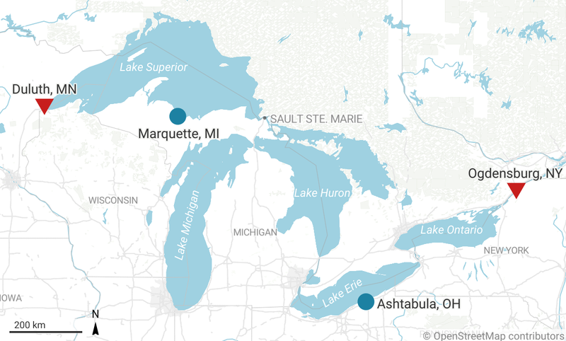 The departure and arrival point for the Kershaw, Moonlight, and Ironton (blue circles) and the Ohio (red triangles).