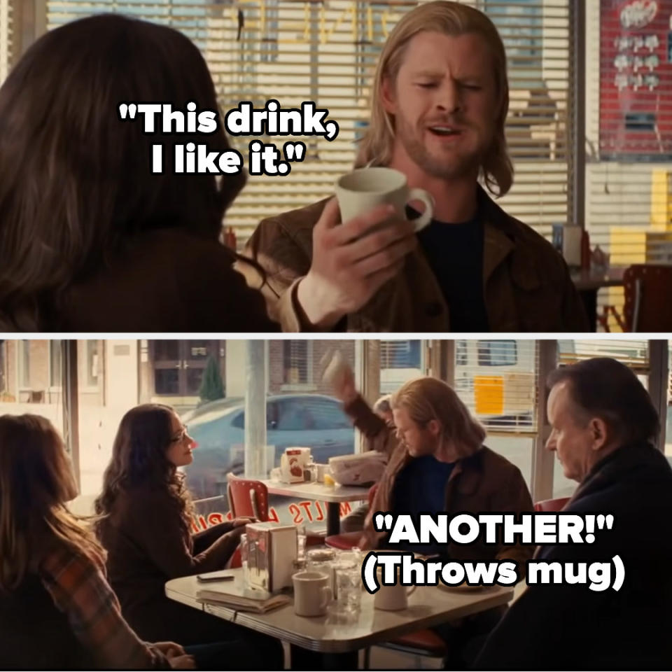 Thor saying, "Another!" and throwing a mug