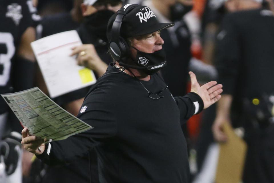 Las Vegas Raiders head coach Jon Gruden reacts during the second half of an NFL football game against the Los Angeles Chargers, Thursday, Dec. 17, 2020, in Las Vegas. (AP Photo/Isaac Brekken)