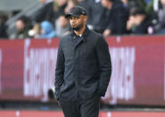 Burnley manager Vincent Kompany reacts on the touchline, during the English Premier League soccer match between Burnley and Newcastle United, at Turf Moor, in Burnley, England, Saturday, May 4, 2024. (Steve Welsh/PA via AP)