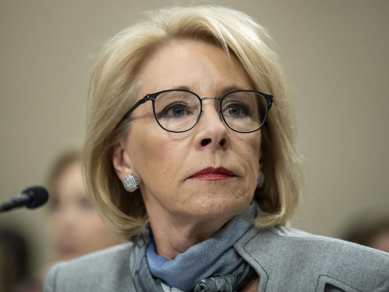 DeVos pictured testifying during a hearing of the House Appropriations Sub-Committee on Labor, Health and Human Services, Education, and Related Agencies: 2020 The Associated Press