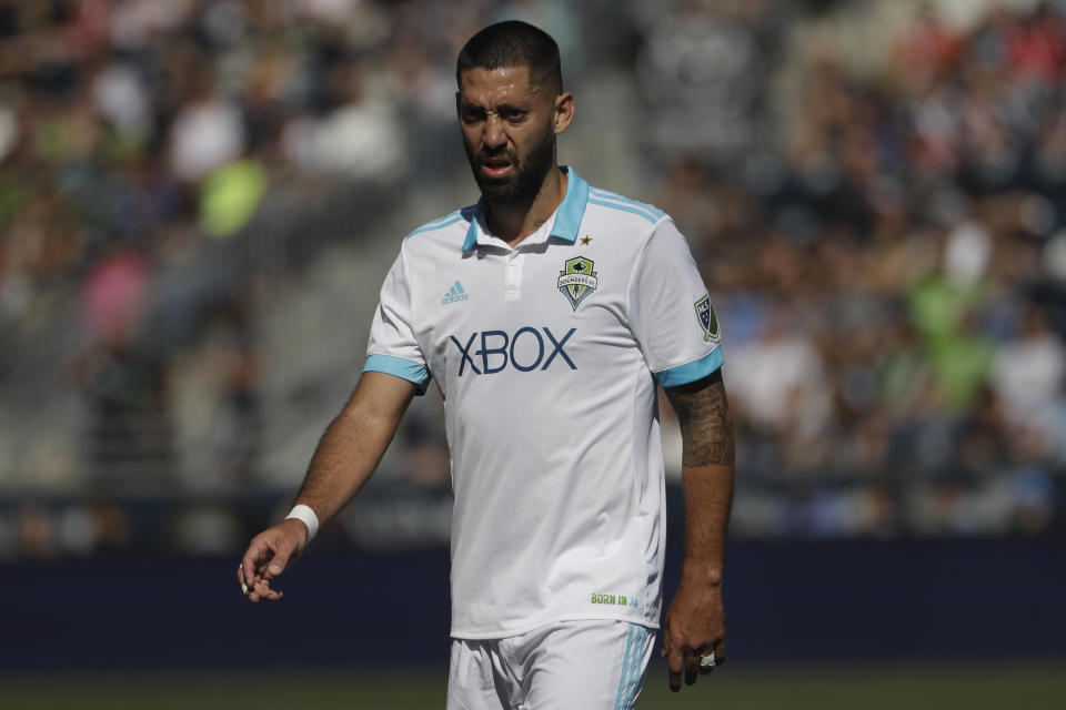 FILE - Seattle Sounders' Clint Dempsey is shown during an MLS soccer match against the Philadelphia Union, Sunday, Oct. 1, 2017, in Chester, Pa. Landon Donovan is teaming with Clint Dempsey again at a World Cup. The pair, who share the American record of 57 international goals, will work for Fox at this year’s tournament in Qatar. (AP Photo/Matt Slocum, File)