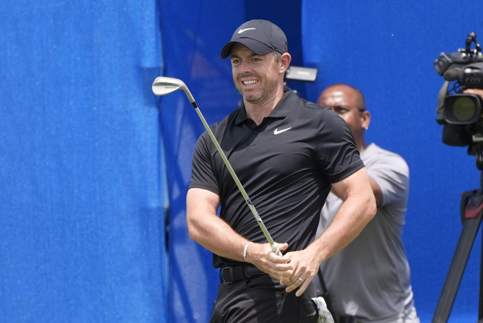 Rory McIlroy, of Northern Ireland, reacts to his chip onto the ninth green during the second round of the PGA Zurich Classic golf tournament at TPC Louisiana in Avondale, La., Friday, April 26, 2024. (AP Photo/Gerald Herbert)