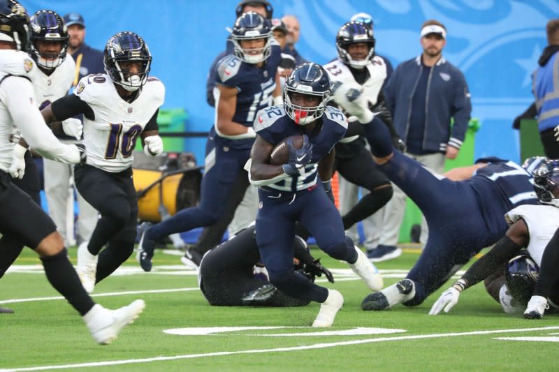 Tennessee Titans running back Tyjae Spears (pictured) continues to produce for fantasy football teams, despite holding a backup role behind starter Derrick Henry. File Photo by Hugo Philpott/UPI