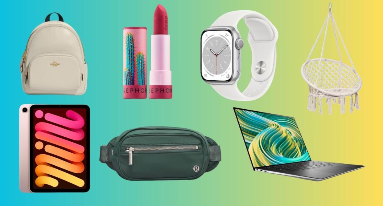 a backpack, ipad, belt bag, lipstick, apple watch, hanging chair, and laptop on sale alongside prime day