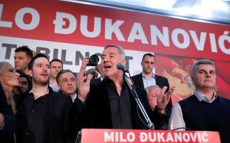 Milo Djukanovic, the presidential candidate of the ruling DPS party (Democratic Party of Socialists), speaks during the meeting with his supporters in the DPS' headquarters in Podgorica, Montenegro, April 15, 2018. REUTERS/Marko Djurica