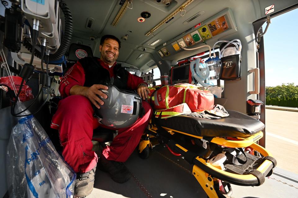 Jorge Yarzebski in the LifeFlight helicopter at UMass Memorial Medical Center in Worcester.