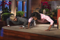 <p>The host challenged First Lady Michelle Obama to a push-up contest during the show. "She'll tell you she won," jokes DeGeneres, whose 20 push-ups lost to Obama's 25. "But she cheats."</p>