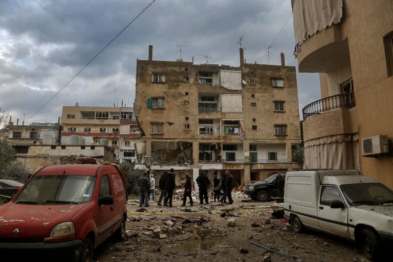 A general view of destruction on a five-storey building that was targeted by Israeli drones, killing at least five people. Marwan Naamani/dpa