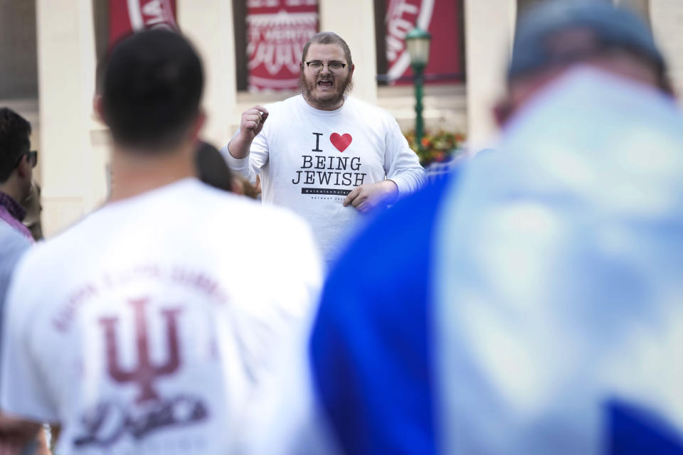 Rabbi Levi Cunin, with Chabad on Campus, speaks during a pro-Israel rally at Indiana University in Bloomington, Ind., Thursday, May 2, 2024. (AP Photo/AJ Mast)