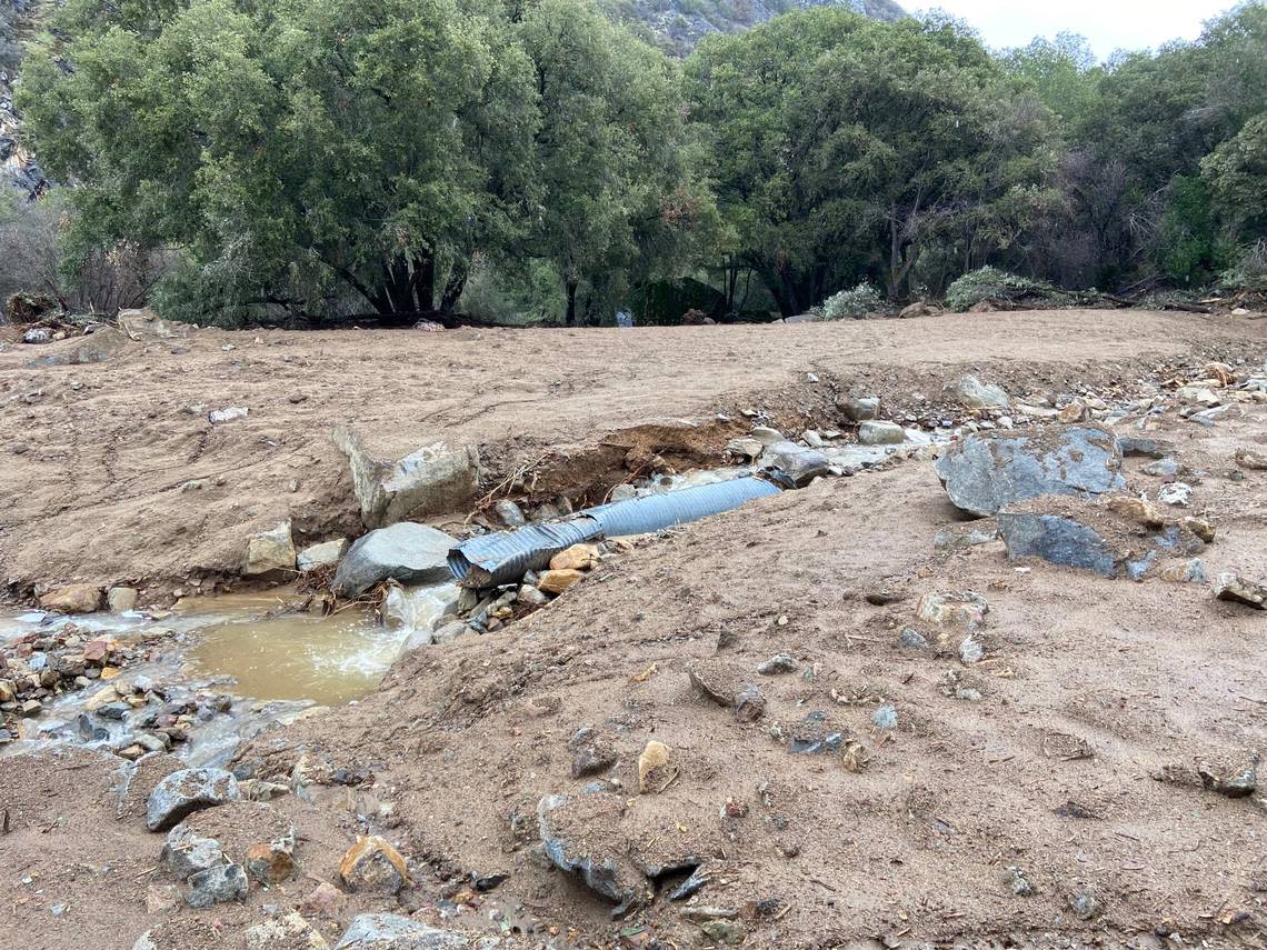 A culvert near the Ladybug Trailhead in Sequoia National Park lays exposed and mangled following a January 2023 flood and rockslide that also overwhelmed the South Fork Campground.