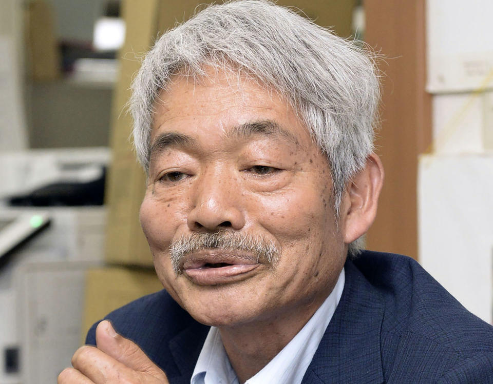 This April 6, 2018, file photo shows Japanese doctor Tetsu Nakamura speaks in Fukuoka, western Japan. The Japanese physician and aid worker in eastern Afghanistan died of his wounds after an attack Wednesday, Dec. 4, 2019, that also killed five Afghans, including the doctor’s bodyguards, the driver and a passenger, a hospital spokesman said.(Kyodo News via AP)