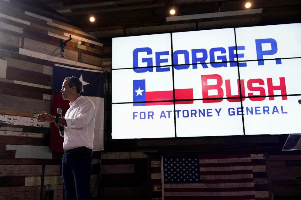 Texas Land Commissioner George P. Bush speaks at a kick-off rally where he announced he will run for Texas Attorney General, Wednesday, June 2, 2021, in Austin, Texas. (AP Photo/Eric Gay)