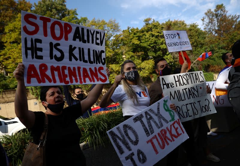 Activists demonstrate outside the State Department as U.S Secretary of State Mike Pompeo meets representatives from Armenia and Azerbaijan in Washington