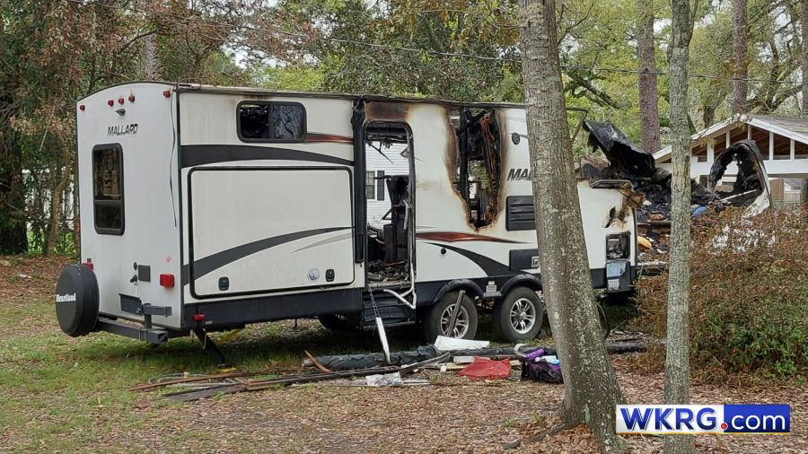 Charred camper, seen after a fire in Foley, Alabama.