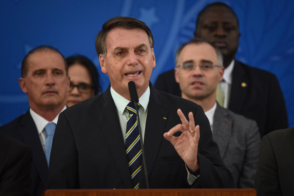 Pictured during a press conference is Jair Bolsonaro, Brazil's president.