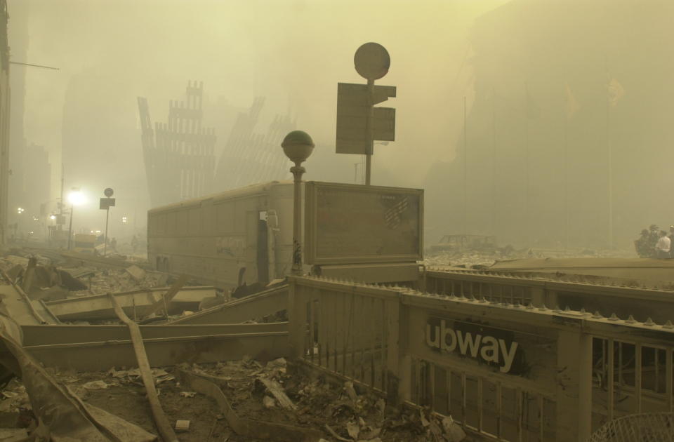 <p>A destroyed subway station near Ground Zero on the evening of Sept. 12, 2001. (Photo: Mark Lennihan/AP) </p>