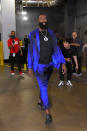 James Harden wears a Dries Van Noten suit with a pair of Chanel sneakers on April 17.