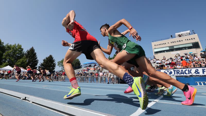 Runners compete in the 3,200 meters during the Utah high school track and field championships at BYU in Provo on Friday, May 19, 2023.