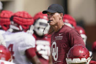Oklahoma head coach Brent Venables looks on during an NCAA college football practice, Monday, Aug. 8, 2022, in Norman, Okla. (AP Photo/Sue Ogrocki)