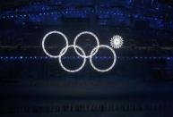 Four of the five Olympic Rings are seen lit up at the start of the opening ceremony of the 2014 Sochi Winter Olympics, February 7, 2014. REUTERS/Lucy Nicholson
