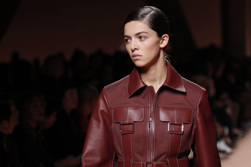 A model wears a creation as part of the Hermes Ready To Wear Spring-Summer 2020 collection, unveiled during the fashion week, in Paris, Saturday, Sept. 28, 2019. (AP Photo/Francois Mori)