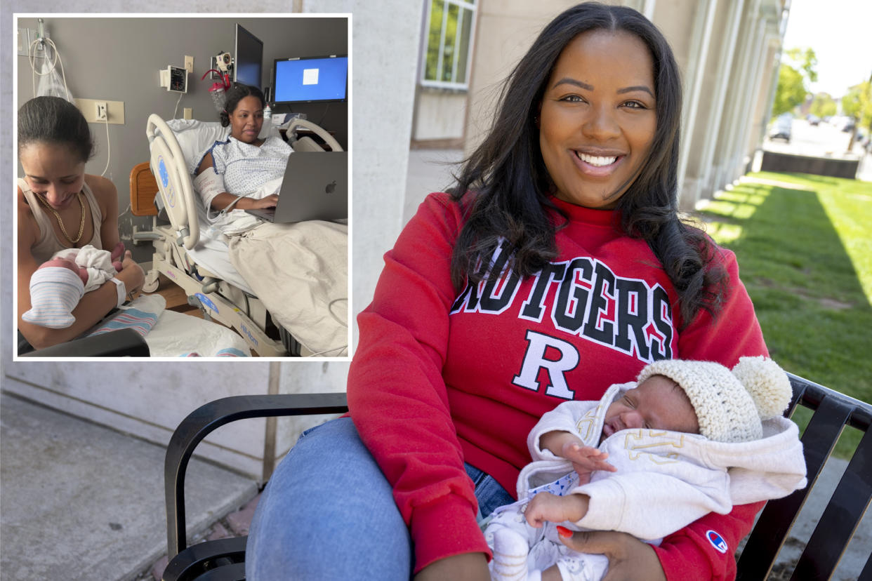 Tamiah Brevard-Rodriguez poses with new baby boy Enzo while wearing a Rutgers University sweatshirt. Other photo shows her on her laptop in hospital bed while her wife hold baby Enzo