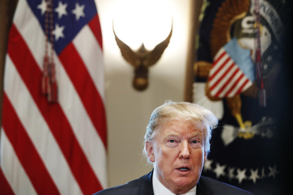 President Donald Trump leads a roundtable discussion on border security with local leaders, Friday, Jan. 11, 2019, in the Cabinet Room of the White House in Washington. (AP Photo/Jacquelyn Martin)